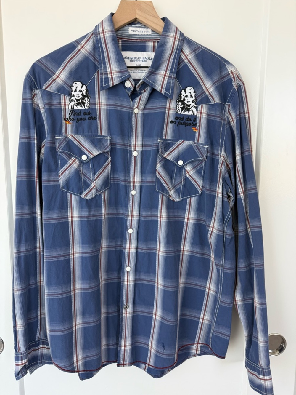 American Eagle Blue Plaid Shirt with Dolly Parton  patches